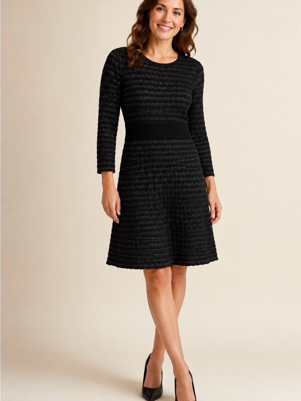 kate spade Black 93% wool Textured Knit Long-Sleeve Fit-and-Flare Dress